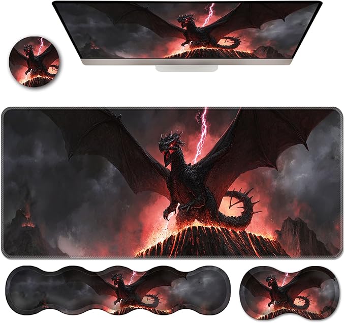 Ergonomic Keyboard Wrist Rest &amp Mouse Pad Wrist Rest SetXL Gaming Desk Mat 31.5x 11.8Non-Slip BaseMemory FoamEasy Typing Pain Relief for Office &amp HomeDark Dragon Pink Lightning