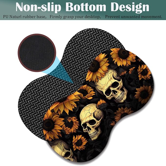 Large Game Mouse Pad + Wrist Support Pad + Coffee Coaster Desk Pad with Sewn Edges Anti-Slip Set pad Suitable for Office Work and Home - Sunflower Skull