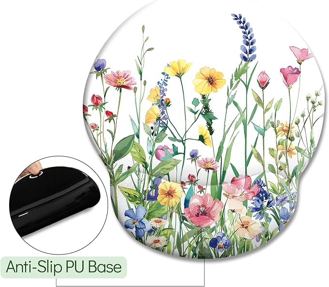 Flower Ergonomic Mouse Pad with Wrist Rest Large Gaming Computer Mouse Pad Wrist Support with Non-Slip Pain Relief PU Base Cute Office Desk Decor Accessories
