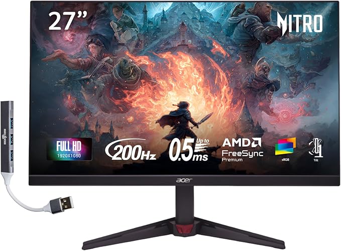 acer Nitro 27 FHD IPS ZeroFrame Design Gaming Monitor Up to 200Hz Up to 0.5ms AMD FreeSync Premium DisplayHDR10 sRGB 99% VESA Mount Displayport HDMI &amp Dockztorm USB Port Expander Black Co