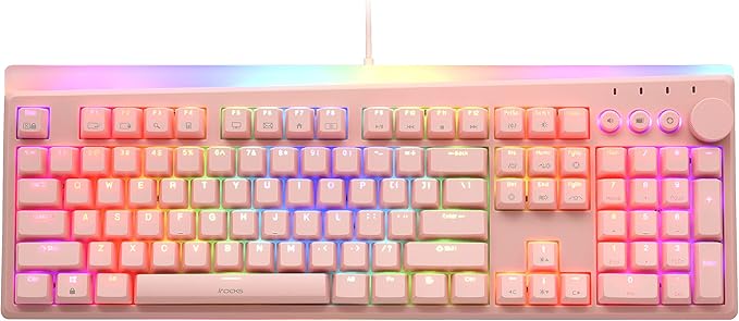 i-rocks K71M RGB Mechanical Gaming Keyboard with Media Control Knob Switches (Brown) 107 Keys w/Full NKRO PBT Keycaps Multimedia Hotkeys Detachable USB-C Cable and Onboard Storage Pink