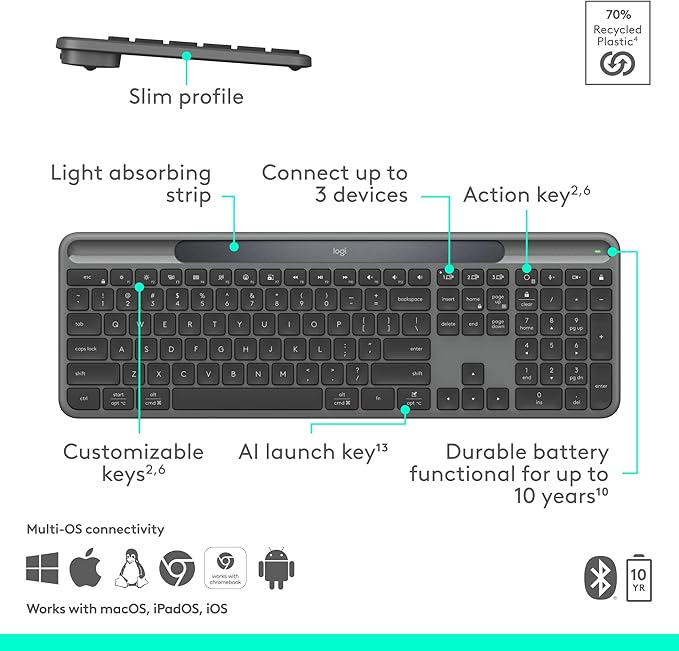 Logitech Signature Slim Solar+ Wireless Bluetooth Keyboard K980 Solar and Artificial Light Powered Up to 10 Years Battery Life Customizable Keys - Graphite