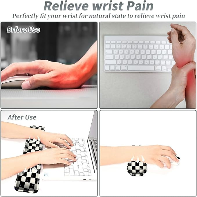 3Pcs Mouse Pad Set Black White Checkerboard Large Gaming Mouse Pad with Stitched Edge Ergonomic Memory Foam Keyboard Wrist Support and Mouse Wrist Rest Cushion Pain Relief Non-Slip Desk Pad Combo