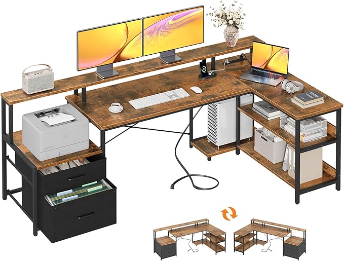 ODK 75 L Shaped Desk with File Drawers Work from Home Office Desk with Power Outlet Reversible Computer Desk with Storage Shelves Gaming Desk with Monitor Shelf Corner WFM Table Vintage