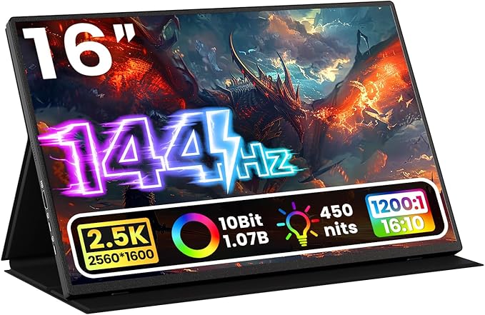 Portable Monitor 16 inch 2K QHD 2560X1600 450 Nits 106% sRGB 144 Hz HDR HDMI USB-C Travel Monitor for Laptop Mac PC Surface PS5 Xbox External Display with Cover &amp Speakers VESA Compatible