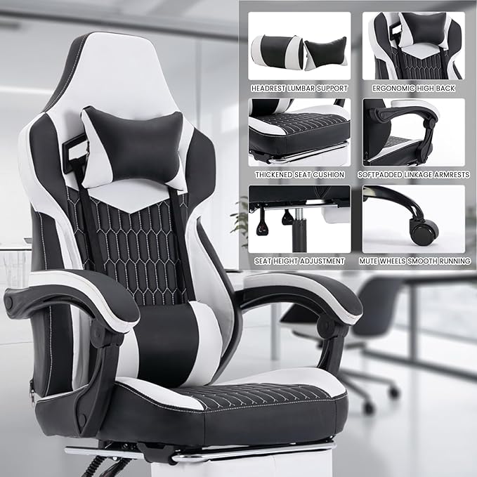 Ergonomic Gaming Chair with Footrest Black and White Gaming Chair for Adults Girls Women Video Game Chairs with Wheels &amp Lumbar Support 300 LBS Capacity (Black+White)