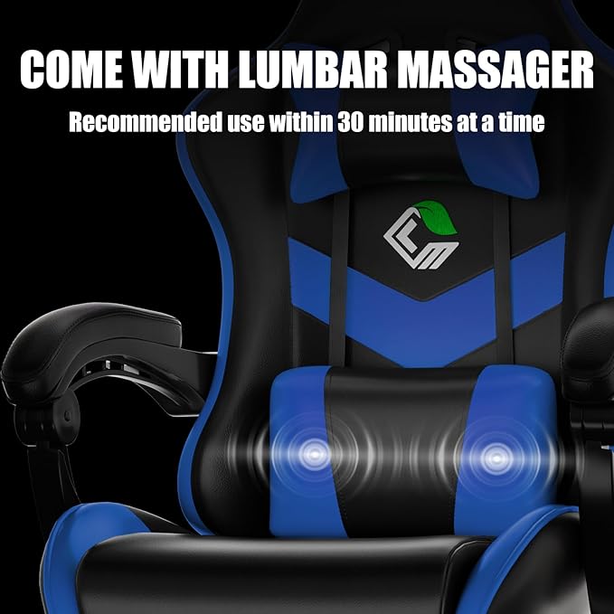 Gaming Chair with Footrest Racing Style Lumbar Support Massager Video Game Chair with Metal Legs High Back Gamer Chair with Headrest 360° Swivel Office Computer Desk Chair Bright Blue