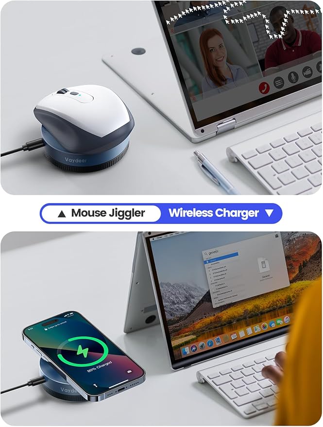 Vaydeer Multiple Mouse Mover W1 Mouse jiggler＆Wireless Charger 2-in-1 Undetectable Shaker Wiggler Device Automatic Phone Charging Pad Quiet Mice Giggler Juggler to Keep PC Active