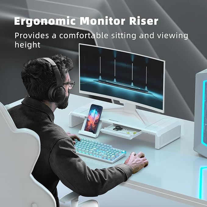 Heymaster Monitor Stand Riser Foldable Computer Monitor Riser Adjustable Length Computer Stand Desk Shelf Riser with Storage Drawer &ampTablet Phone Stand for Desktop Laptop