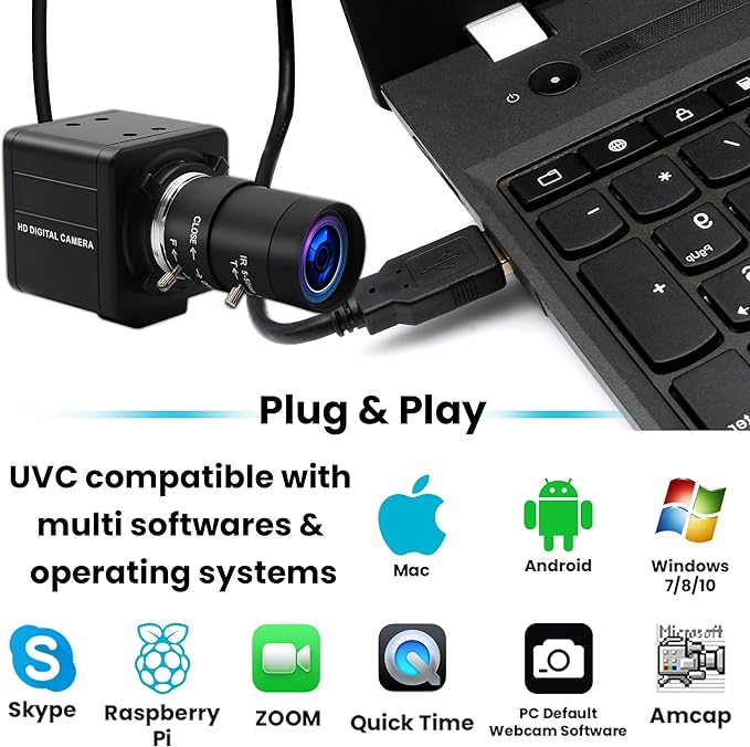 8MP USB Camera – 10X Optical Zoom [5-50mm Varifocal CS Lens] | 3264×2448 Resolution | Plug &amp Play for Raspberry Pi/Windows/Linux