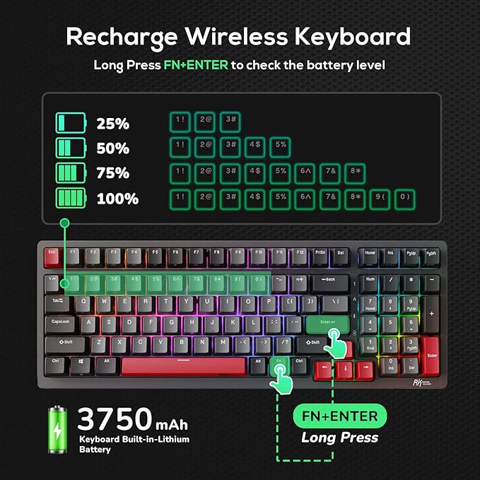 RK ROYAL KLUDGE RK98 Gaming Keyboard Wireless Mechanical Keyboard 100 Keys Tri-Mode BT5.1/2.4G/USB-C Full Size Hot Swappable Custom Keyboard with Numpad RGB Backlit Massive Battery Silver Switch