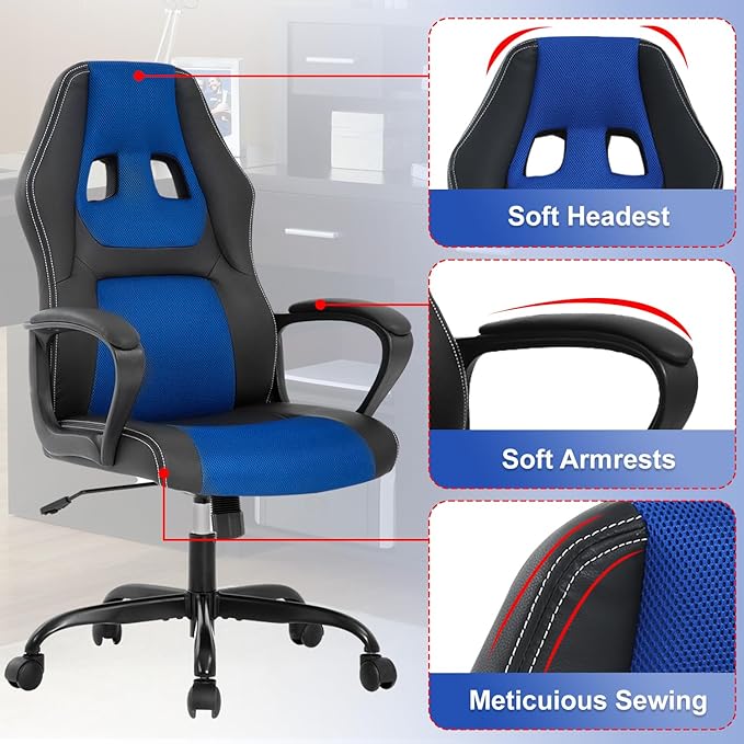 Gaming Chair PU Leather Chairs Ergonomic Office Chair Executive Computer Chairs High Back Computer Task with Lumbar Support Adjustable Height Blue