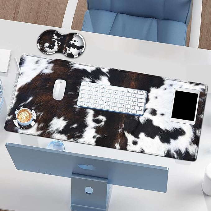 Large Gaming Mouse Pad Extended Waterproof Desk Pad Protector (31.5 x 11.8) Ergonomics Memory Foam Mouse Wrist Rest Support for Home Office Laptop Easy Typing Black &amp White Cowhide Fur Mouse