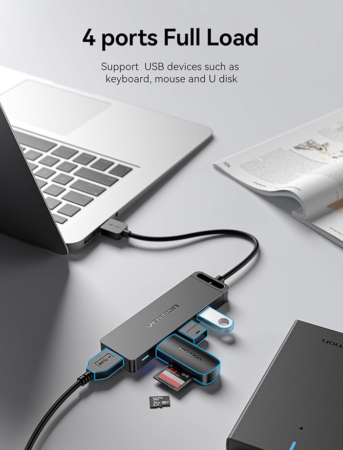 USB Hub VENTION [100-Pack] 4-Port USB 3.0 Hub Ultra-Slim Data USB Splitter Charging Supported Compatible with MacBook Laptop Surface Pro PS4 PC Flash Drive Mobile HDD 0.5FT