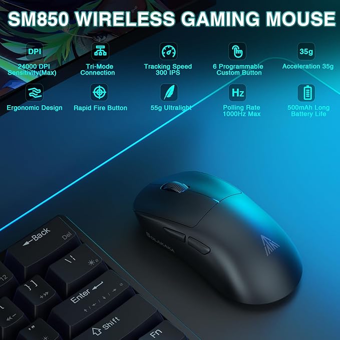 SOLAKAKA SM850 Gaming Mouse Wireless 24000 DPI 55g Lightweight Mouse Gaming 6 Programmable Buttons Ergonomic Computer Mouse Tri-Mode BT5.1/2.4G/USB-C 250h Battery Life PC Gamer Mice for Laptop