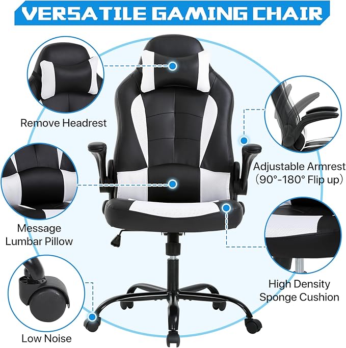 PC Gaming Chair - Ergonomic PC Office Chair w/Adjustable Lumbar Support &amp Headrest High Back PU Leather Computer Desk Chair for Adults (350lbs Capacity) (White)