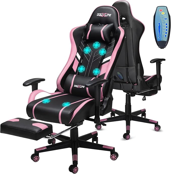 Douxlife 7-Point Massage Gaming Chair with Footrest 400lbs Heavy Duty Ergonomic Computer Chair 175° Reclining High Back Racing Seat for Adults with Adjustable Armrests &amp Lumbar Support Black Pi