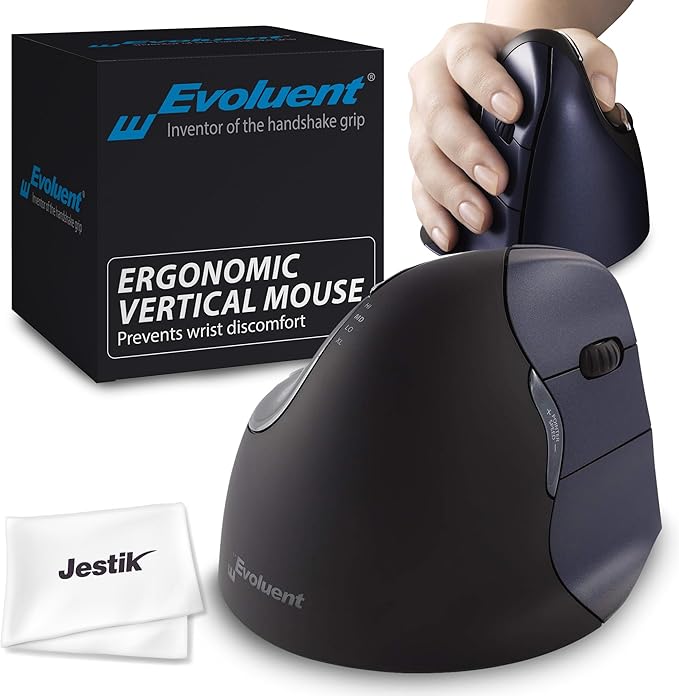 Jestik Evoluent Mouse VM4RW - VerticalMouse 4 Right Hand Ergonomic Design Evoluent Vertical Mouse with Wireless Connection for Comfort and Precision Plus Microfiber Cloth (Regular Size)