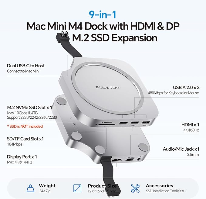 Mac Mini M4 Dock Stand with DP 4K 144Hz &amp HDMI 4K 60Hz Mac Mini M4 Pro Hub with 4TB NVMe SSD Enclosure (SSD NOT Included) 3 USB A 2.0 SD/TF 3.0 3.5mm Audio/Mic USB C Hub for Mac Mini 2024