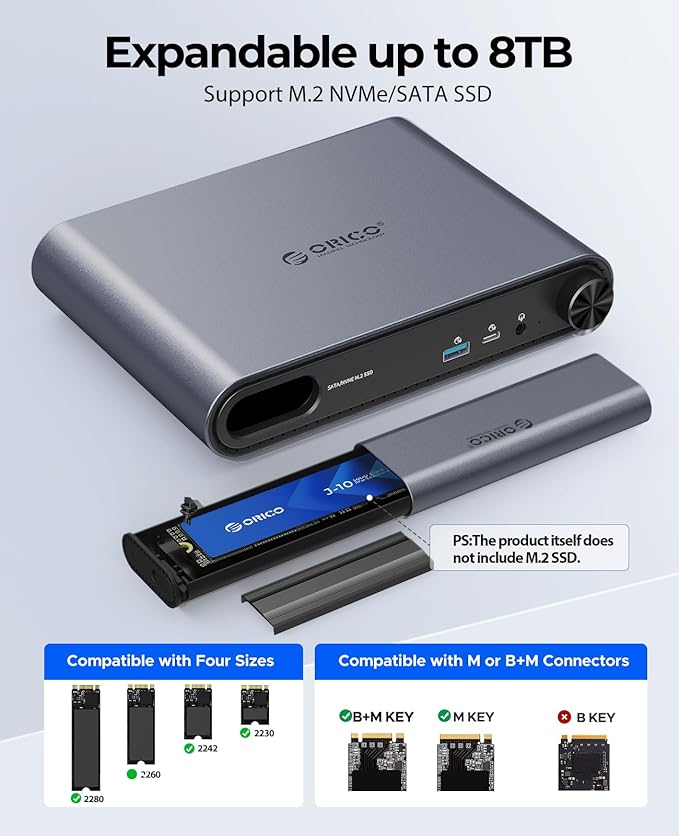 ORICO 10 in 1 USB-C Docking Station with M.2 NVMe/SATA SSD Enclosure 10Gbps USB 3.2 480Mbps USB 2.0 HDMI 4K@60Hz 100W PD RJ45 Ethernet 3.5mm Audio with Volume Knob for MacBook Pro/Air (PTM1)