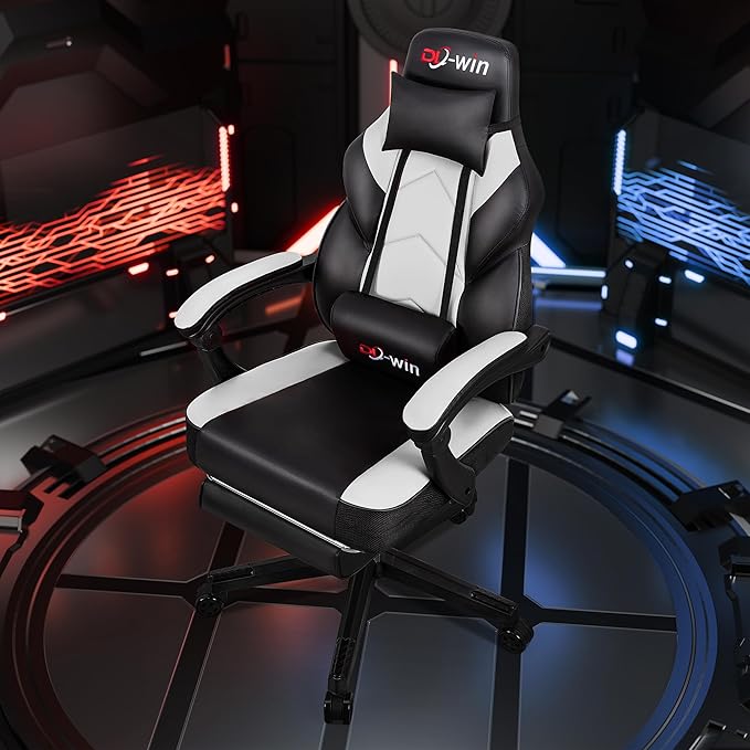 Video Gaming Chair for Adults Computer Chair with Footrest and Ergonomic High Back Big and Tall Gamer Chair with Massage Lumbar Support 360° Swivel Height Adjustable Computer Chair White