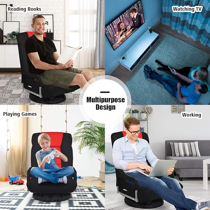 GOFLAME Swivel Gaming Floor Chair 360 Degree Folding Chair with Adjustable 6-Position Backrest and Armrest Lazy Sofa Lounger for TV Reading Playing Video Games (Black/Red)