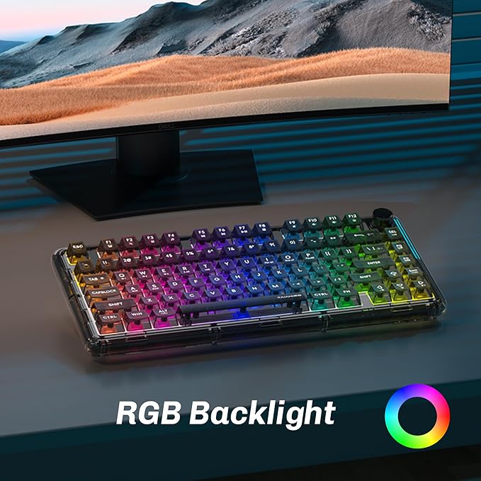 Transparent Mechanical Keyboard 80-Key RGB Backlit Wireless Gaming Keyboards Hot Swap Customizable Clear Acrylic Design Quiet Linear Switches 3 Modes BT5.0/2.4G/USB-C 4000mAh Battery (Black)