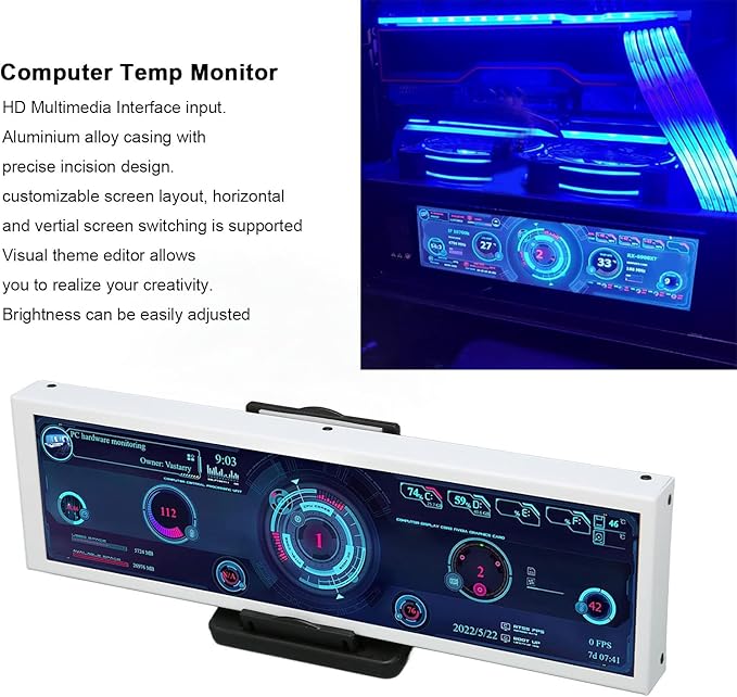 8.8 Inch USB Mini Screen 1920x480 for aida64 PC CPU HDD Data Monitor Computer Temperature Display Mini Secondary Screen PC Temp Monitor Chassis Screen White
