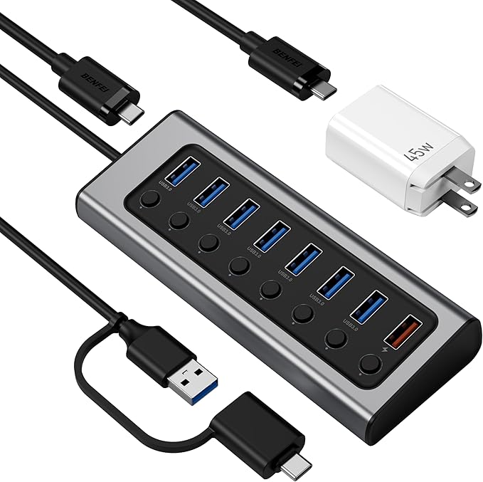 BENFEI 7-Port USB 3.0 Data Hub with BC 1.2 Charging Port 45W GaN Super Fast Charger Dual Type C