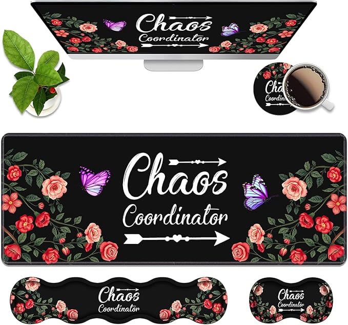 4 in 1 Ergonomic Memory Foam Mouse Pad Wrist Rest Set Large Gaming Desk Pad + Keyboard Wrist Rest + Mouse Wrist Cushion + Coaster for Home Office Study Gaming Colored Floral Quote Chaos Coordinator
