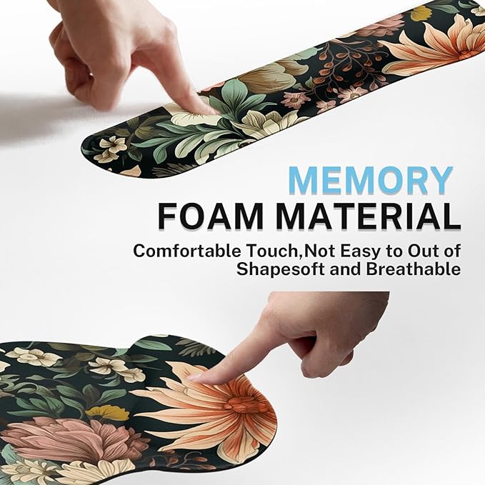 Arttown Spring Flower Desk Mat Leaves Floral Colorful Mouse Pad Set 4 in 1 Ergonomic Design Large Mousepad + Keyboard Wrist Rest + Mouse Wrist Rest + Coaster Suitable for Home Office Study Game
