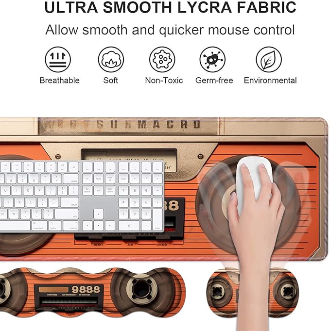 Ergonomic Keyboard Wrist Rest &amp Mouse Pad Wrist Rest Set Large XXL Gaming Desk Mat 31.5x 11.8 with Non-Slip Base Memory Foam Easy Typing Pain Relief for Home &amp Office Retro Tape Recorder