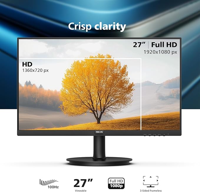 Philips 271V8LB 27 Framless Full HD (1920 x 1080) 100Hz Monitor VESA HDMI x 1 VGA Port x1 Eye Care 4 Year Advance Replacement Warranty
