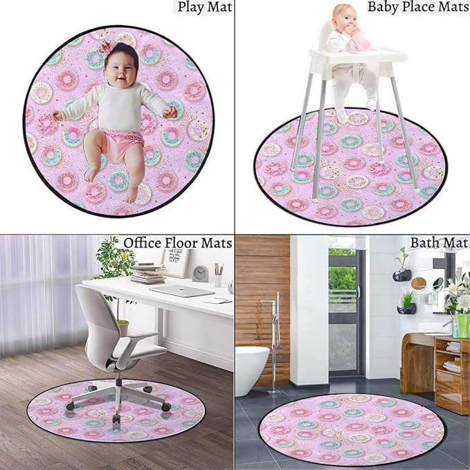 Pink Rugs Soft Non-Slip Indoor Outdoor Bedroom Home Decor Carpet Mat Yoga Mat Runner Rugs Doormat Round Rug Sweet Delicious Donuts Stars Background Diameter 39.4 in