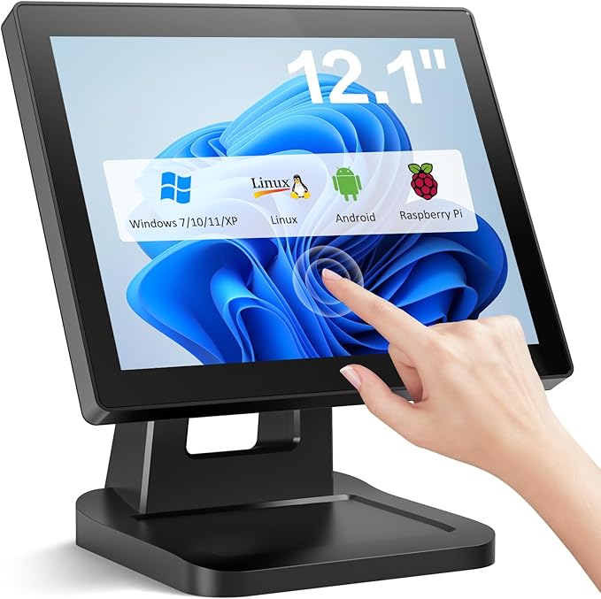 12.1-inch POS Touch Screen Monitor Capacitive Touchscreen with HDMI/VGA Input Heavy-Duty Metal Stand for Retail Restaurant Bar Gym Warehouse and POS System