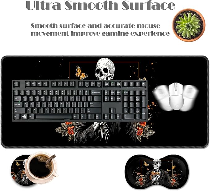 Ergonomic Keyboard Wrist Rest &amp Mouse Pad Wrist Rest SetXL Gaming Desk Mat 31.5x 11.8Non-Slip BaseMemory FoamEasy Typing Pain Relief for Office &amp HomeSkull with Orange Flowers