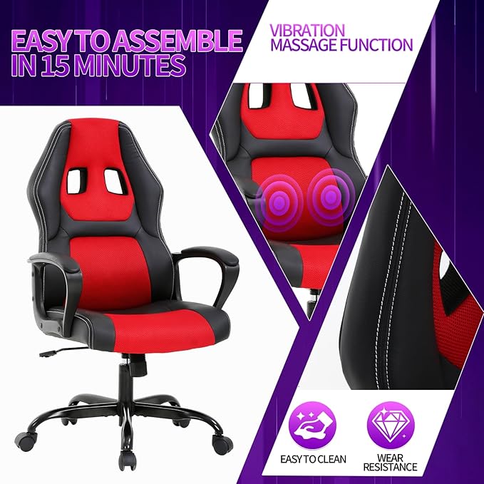 Gaming Chair Office Chair Adjustable Ergonomic High Back Massage Computer Desk Chairs with Lumbar Support PU Leather Racing Chairs Rolling Swivel for Adult &amp TeenRed