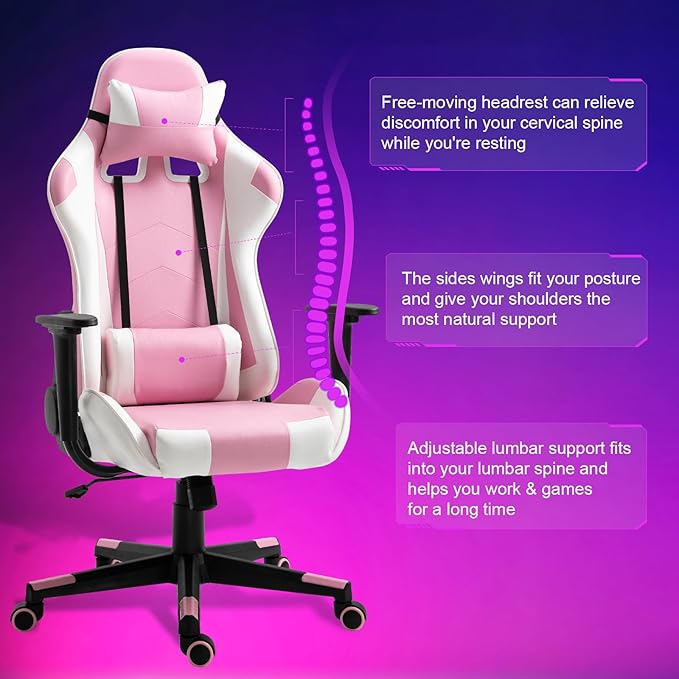 DIKEP Gaming Chair Recliner Gaming Chair with Footrest and Lumbar Support PU Leather Computer Desk Chair Height Adjustable with 360° Swivel Seat and Headrest for Adults - Pink &amp White