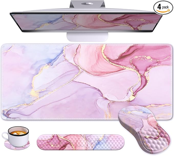 Pink Desk Mat Large Mouse Pad with Wrist Rest Ergonomic Keyboard Wrist Support Carpal Tunnel Mousepad XXL Cushion with Coaster Set Computer Keyboard Mat Pink Marble