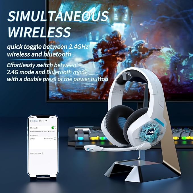 BINNUNE 2.4GHz Wireless Gaming Headset Bluetooth 5.3 Gaming Headphones with Noise Canceling Mic 120H Ultra-Long Battery 50mm Drivers Multi-Platform for PC / PS5 /PS4/ Switch/Mobile White
