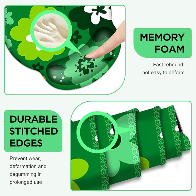 AIMSA Keyboard Mouse Pad Wrist Rest Set Large Gaming Mouse Desk Pad with Wrist Support Ergonomic Design 4 in 1 Mousepad for Home Office Green Flowers