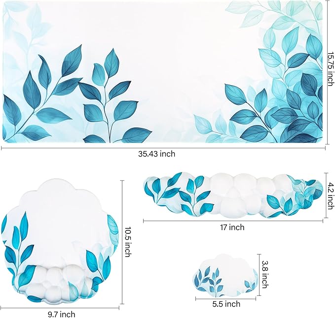 Conmputer Desk Mat Set 4 in 1 Cloud-Shaped Ergonomic Wrist Rest Set Mouse Pad with Non-Slip Base Memory Foam Silicone Lining Keyboard Wrist Rest Computers Offices Gaming Blue Stained Leaves