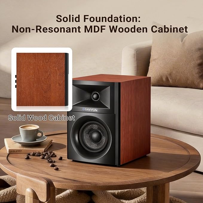 Sanyun SW205 80W Powered Bookshelf Speakers with 3D Soundstage | Precision DSP Spatial Audio &amp Geometric Cabinet | 4 Glass Fiber Woofer Optical/Bluetooth 5.4/AUX Wireless Remote (Pair Cherry)