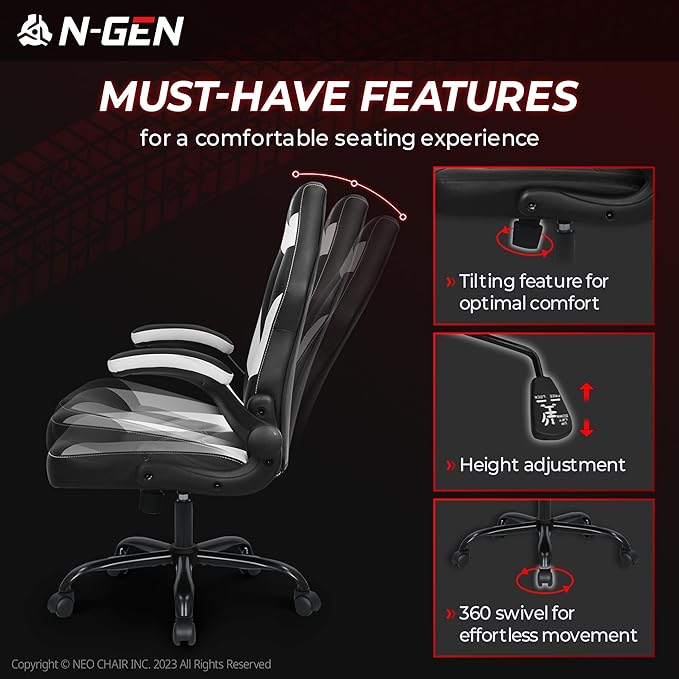 N-GEN Video Gaming Chair Ergonomic Computer Desk Office Chair with Lumbar Support Adjustable Height Swivel Wheels Flip-Up Arms PU Leather Home and Office (White)