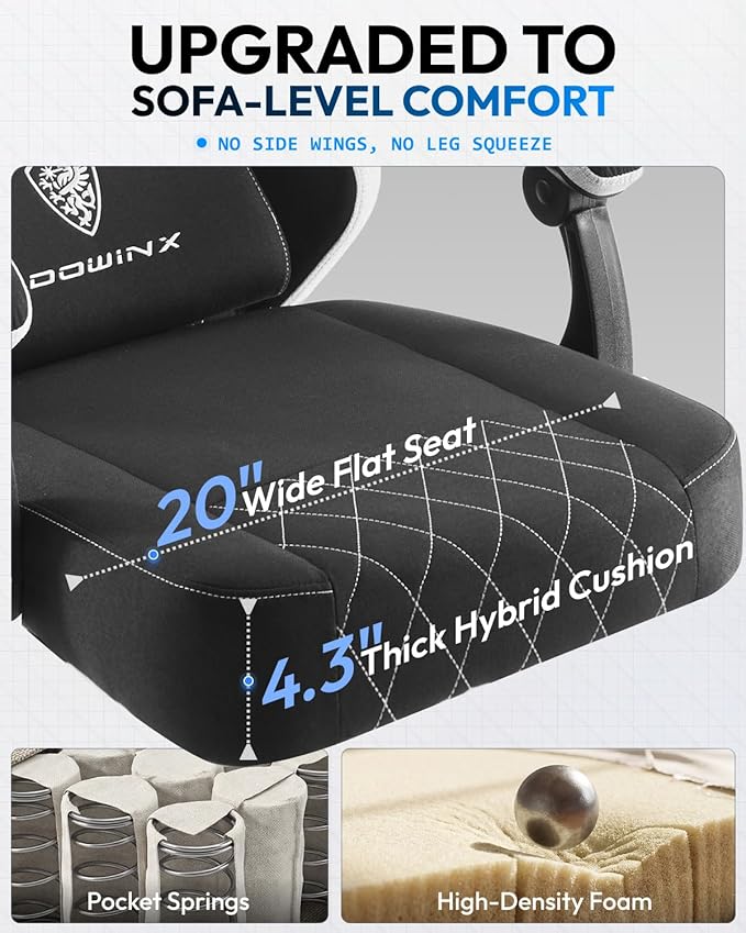 Dowinx Gaming Chair Fabric Gaming Chairs for Adults with Pocket Spring Cushions and Lumbar Support Ergonomic Massage Office Chair High Back with Footrest and Linkage Armrests Black
