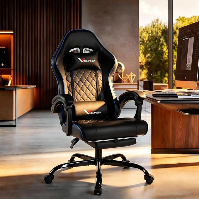 Blue Gaming Chair for Adults with Footrest and Lumbar Support Height Adjustable Office Chair with 360°-Swivel Seat and Headrest for Office or Gaming Comfortable Executive Office Chair