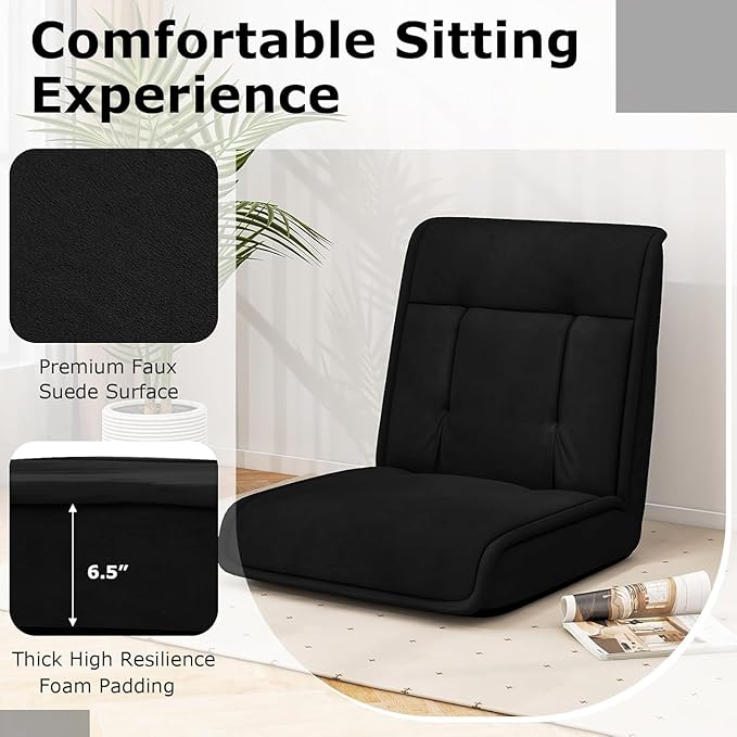 KOMFOTT Floor Chair with Back Support 14-Position Adjustable Cushioned Lazy Sofa Chair with Skin-Friendly Faux Suede Fabric Lounge Chairs for Video Gaming Reading Mediation Black