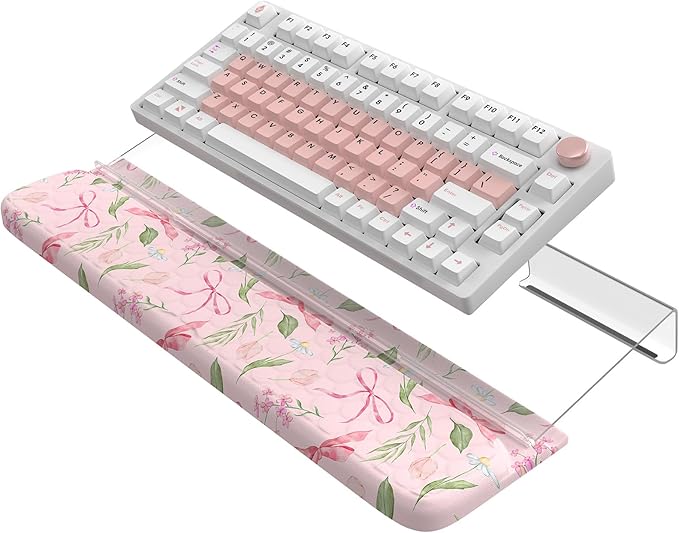 2 in 1 Keyboard Stand for Desktop Floral Wrist Support for Keyboards Anti-Fatigue Memory Foam Wrist Rest for Computer 3-Angle Adjustable Keyboard Riser for Office Home (Pink Bow)