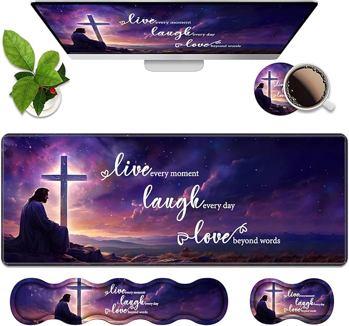 4 in 1 Ergonomic Memory Foam Mouse Pad Wrist Rest Set Large Gaming Desk Pad + Keyboard Wrist Rest + Mouse Wrist Cushion + Coaster for Home Office Study Gaming Christian Cross Quote Live Laugh Love