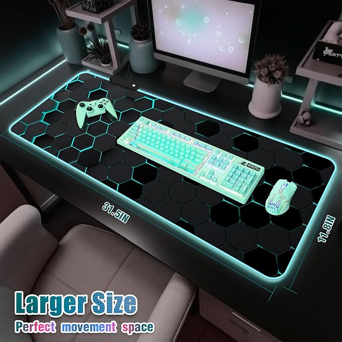 RGB Mousepad Led Mouse Pad Desk Mat I 31.5 x 11.8 Inch Large Mouse Pad I XL Oversized Big Mouse mat 14 Led Light Modes I Anti-Slip Rubber Base Waterproof Keyboard Pad for PC Gaming I Black Honeycomb